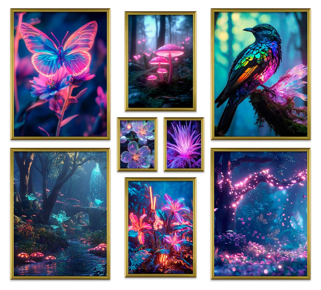 ARTFAVES Poster Set - Futuristic Neon Forest I mehrteilige Bilderwand für Wohnzimmer, Schlafzimmer I Wandbilder Gamer I mit Rahmen Gold