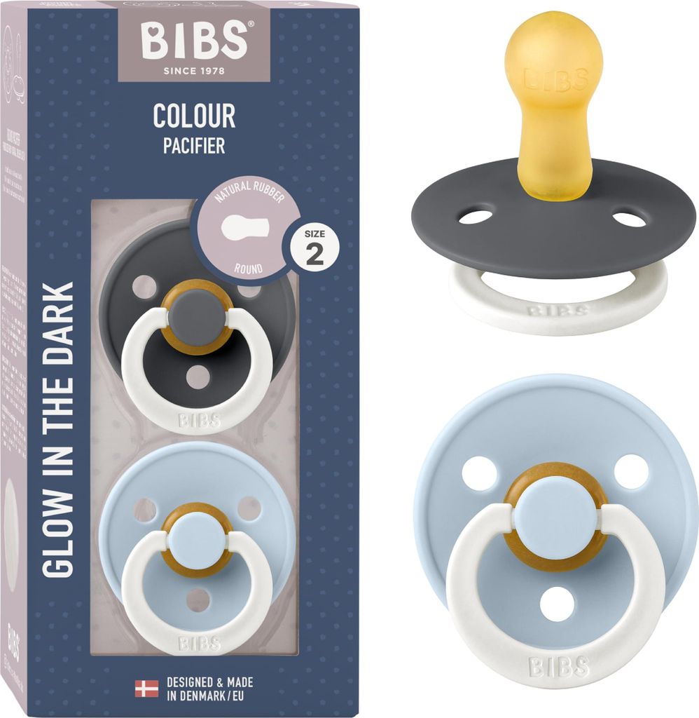 BIBS Colour Glow Schnuller 2er-Pack, BPA-frei. Leuchtet im Produktbild 