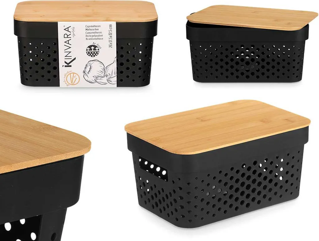 Scatola Portaoggetti Nera con Coperchio Bambù 26x17,5x12,5 cm | Salvaspazio - 8