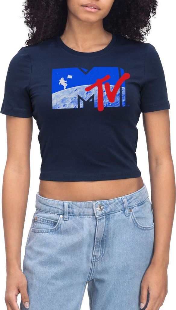 Spreadshirt MTV Logo Cooles Mond-Design Mit Astronaut Crop Top, L, Light Navy