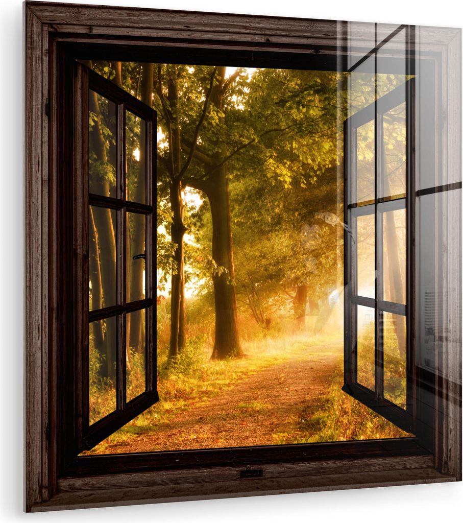 MuchoWow Glasbilder - Bilder auf Wandbild - Foto auf Glas Wald - Bäume - Sonnenlicht - Herbst - Waldweg - Natur - Ausblick 90x90 cm Wanddekoration...