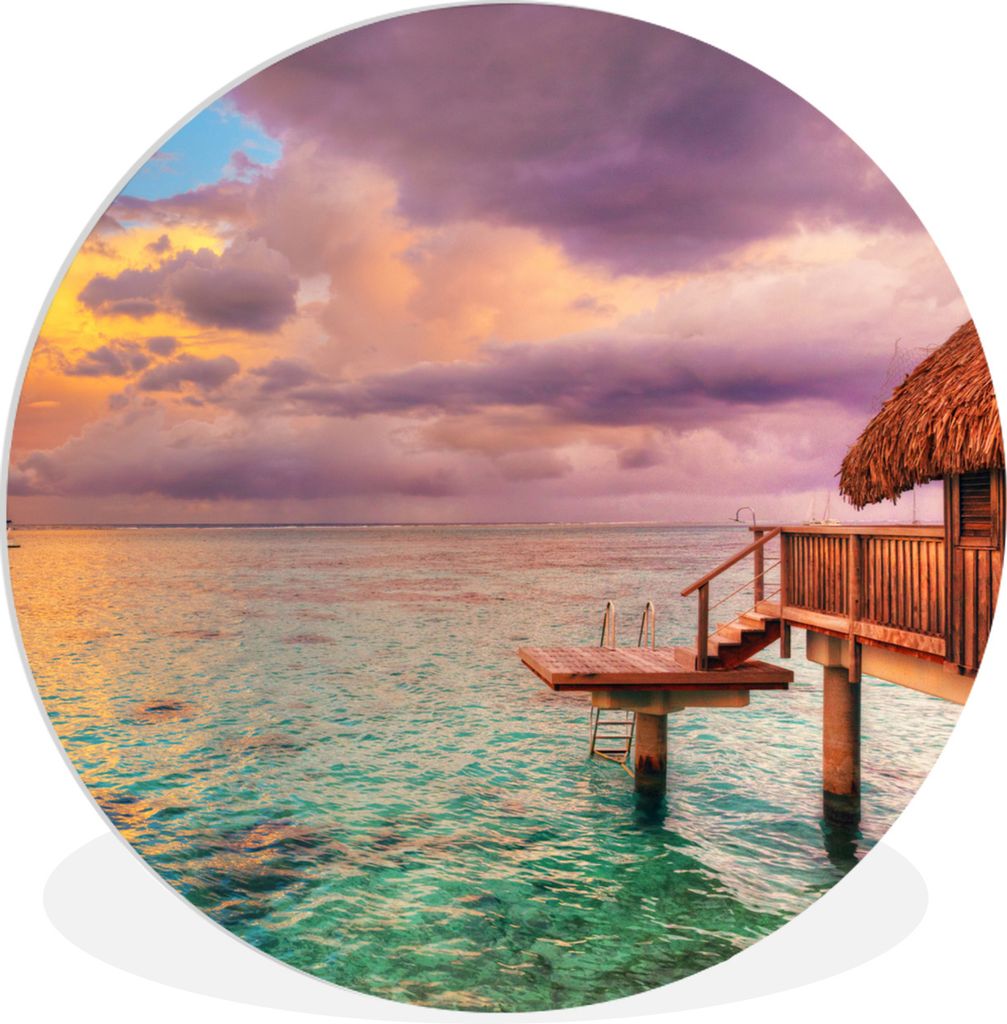 MuchoWow Rundes Wandbild - Runde Bilder Bungalow mit Sonnenuntergang auf der Insel Mo'orea Ø 30 cm Kreis Wanddekoration Kunststoff - Wandkreis -...