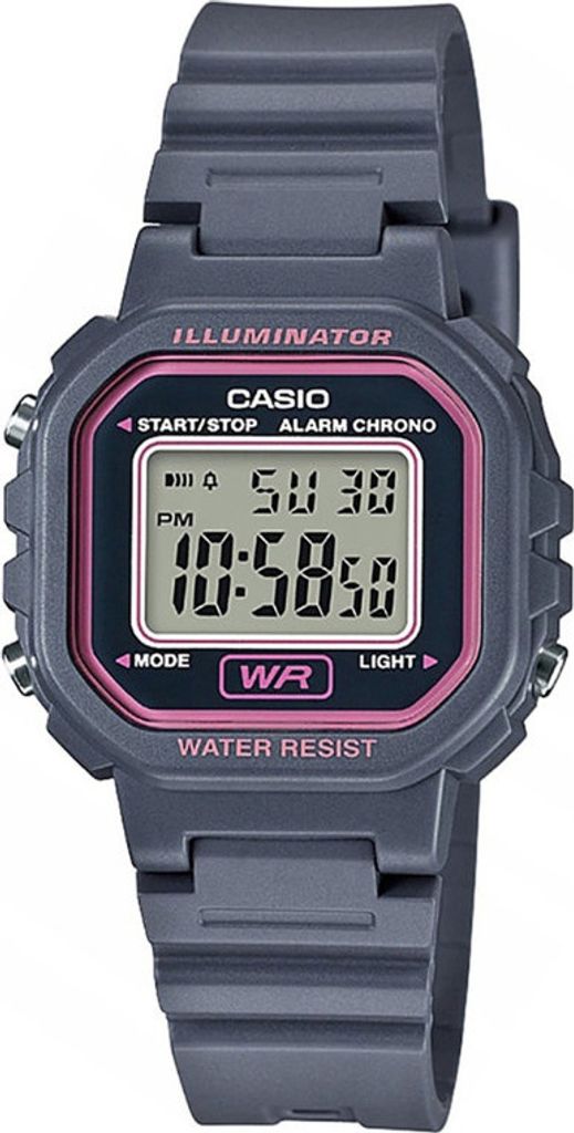 A digital watch with a gray band and a pink bezel, displayed against a light gray background.