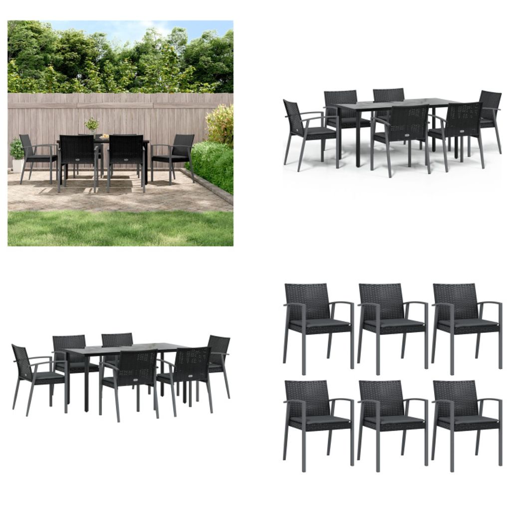 vidaXL 7 tlg. Garten Essgruppe mit Kissen Poly Rattan und Stahl - Garten Essgruppe - Garten Essgruppen - Essgruppe - Outdoor Essgruppe