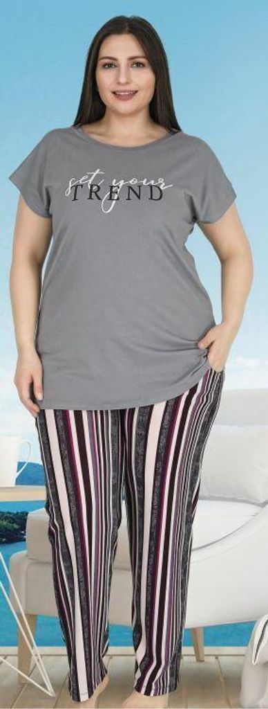 Damen Große Größen Pyjama Grau 3XL Kurz Baumwolle Produktbild 