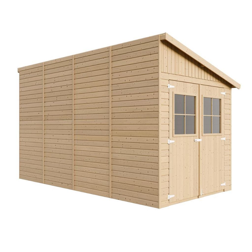 A wooden garden shed with double doors and windows, shown from a three-quarter angle against a white background.