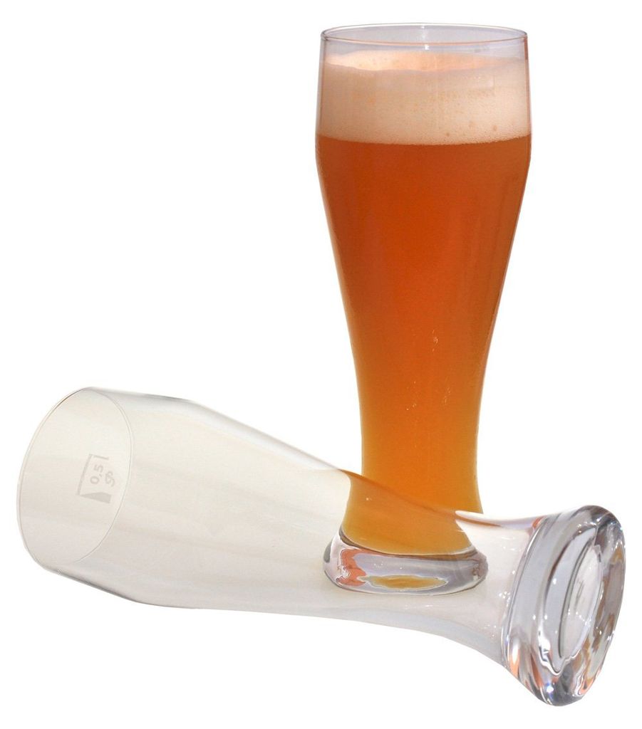 A glass of beer and an empty glass on a white background.