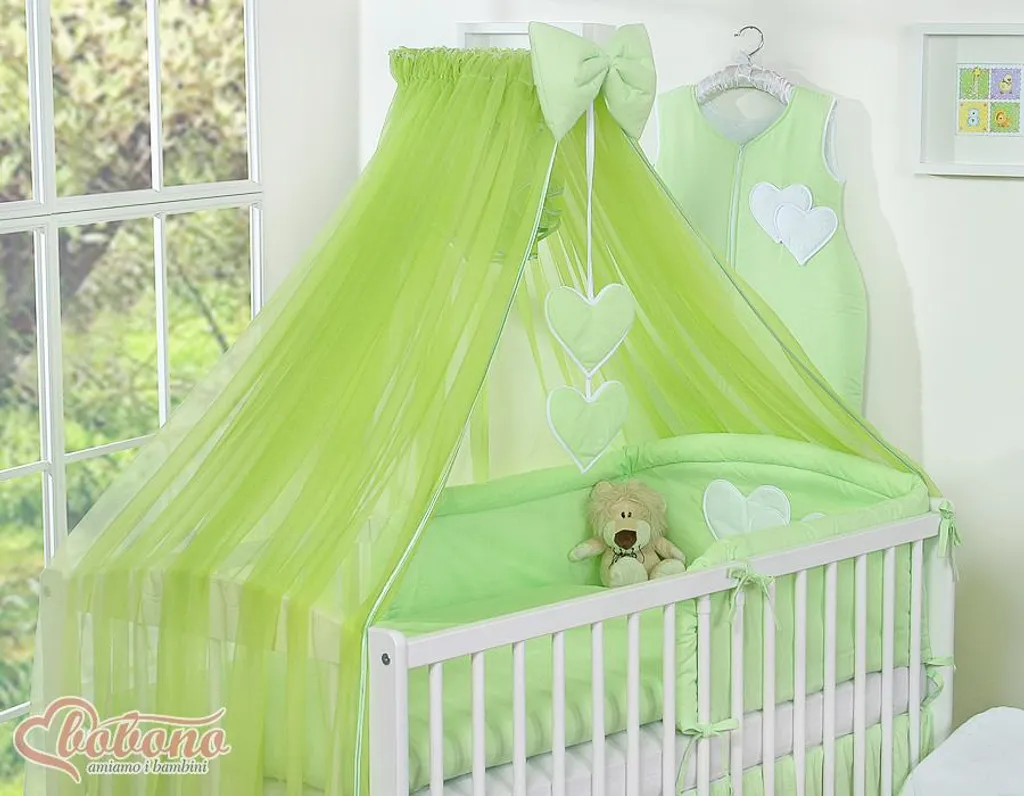 Moustiquaire Bobono lit bébé verte à cœurs - Grande taille 470x160cm