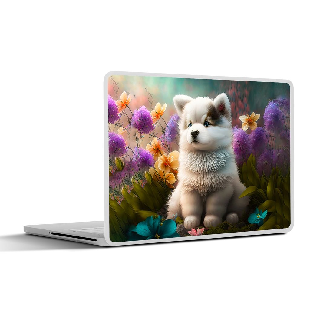 MuchoWow Laptop Aufkleber Sticker Cover Welpe - Blumen - Pflanzen - Natur - Husky 40x30 cm - Laptop Dekoration - Selbstklebend