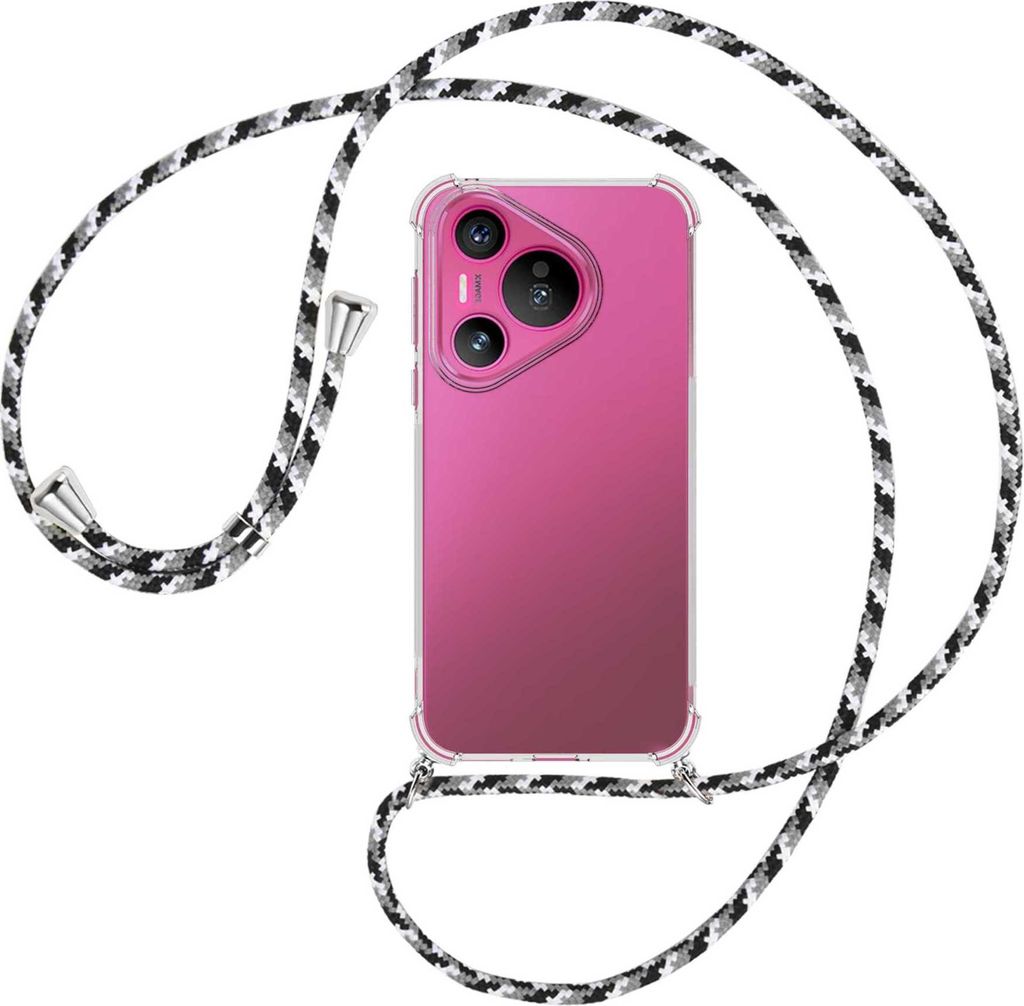 Handykette Backcover-Schutzhülle mit Band (Metall silberfarben) für Huawei Pura 70 - schwarz/grau/weiß