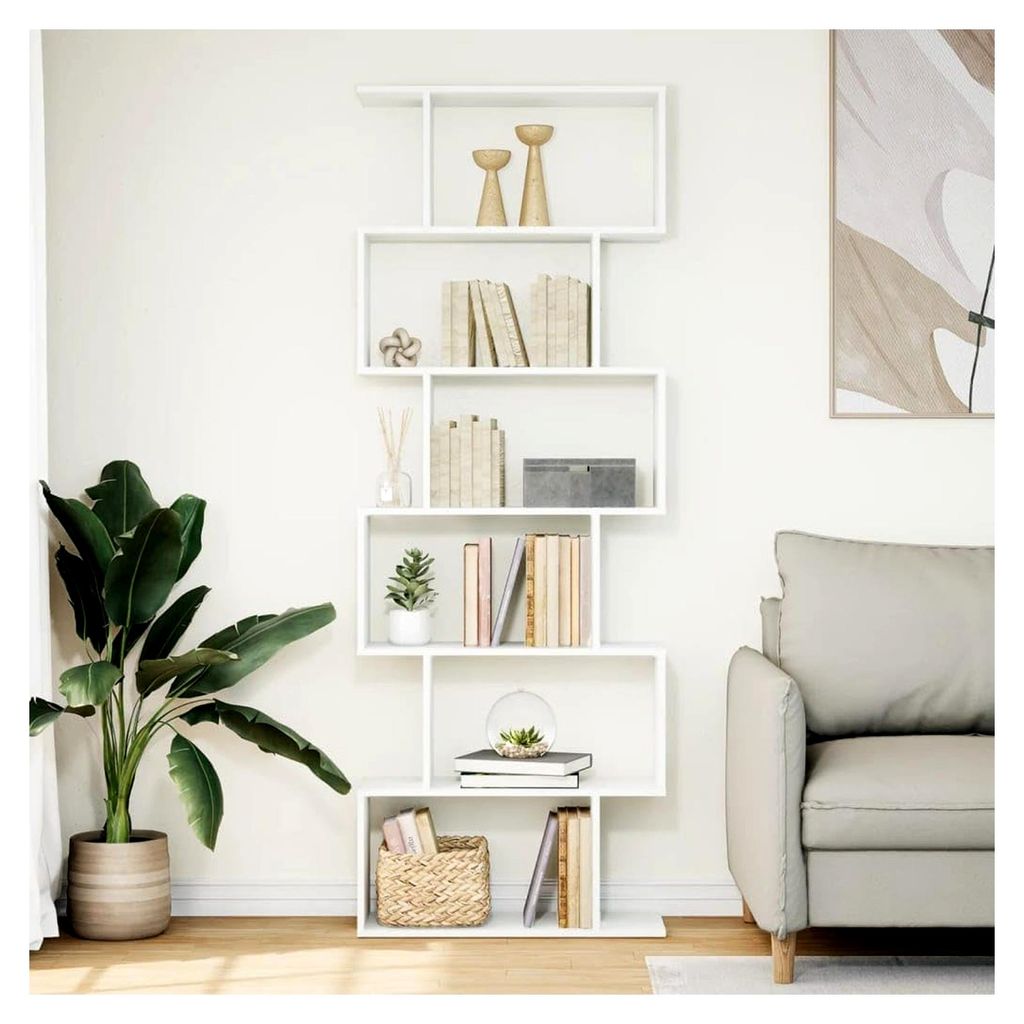 Raumteiler Bücherregal 6 Etagen, Standregal für Wohnzimmer, Schlafzimmer und Büro, Aufbewahrungsregal in Weiß aus Holzwerkstoff