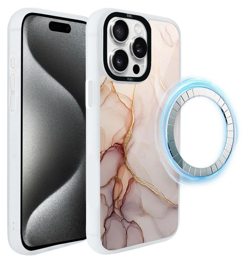 Schutzhülle für das iPhone 15 Pro Max, MagSafe-kompatibel, mattweiße Seiten, rosa Marmor