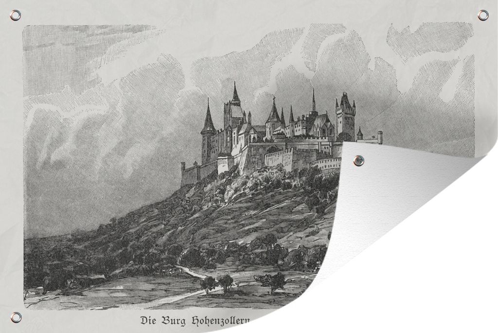 MuchoWow 120x80 cm Outdoor-Poster Gartendeko Sichtschutz Garten Poster für den Garten Eine schwarz-weiße Illustration der Burg Hohenzollern