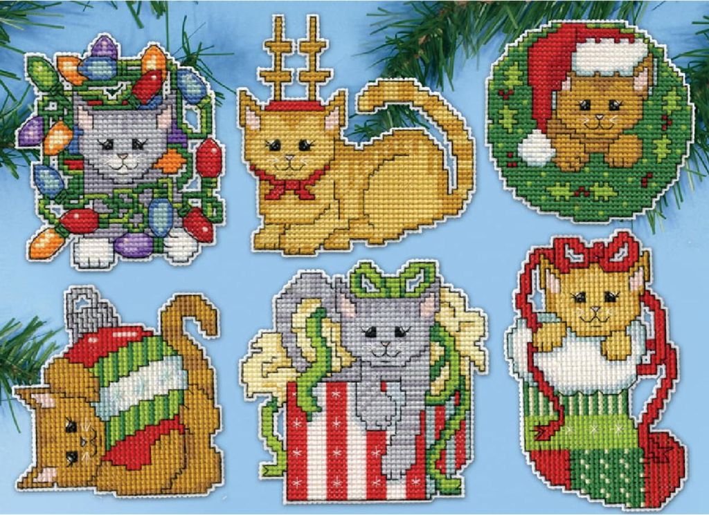 Design Works Kreuzstich Stickpackung "Weihnachtsbaumschmuck Kätzchen (6er-Set)", Zählmuster, 5x10cm