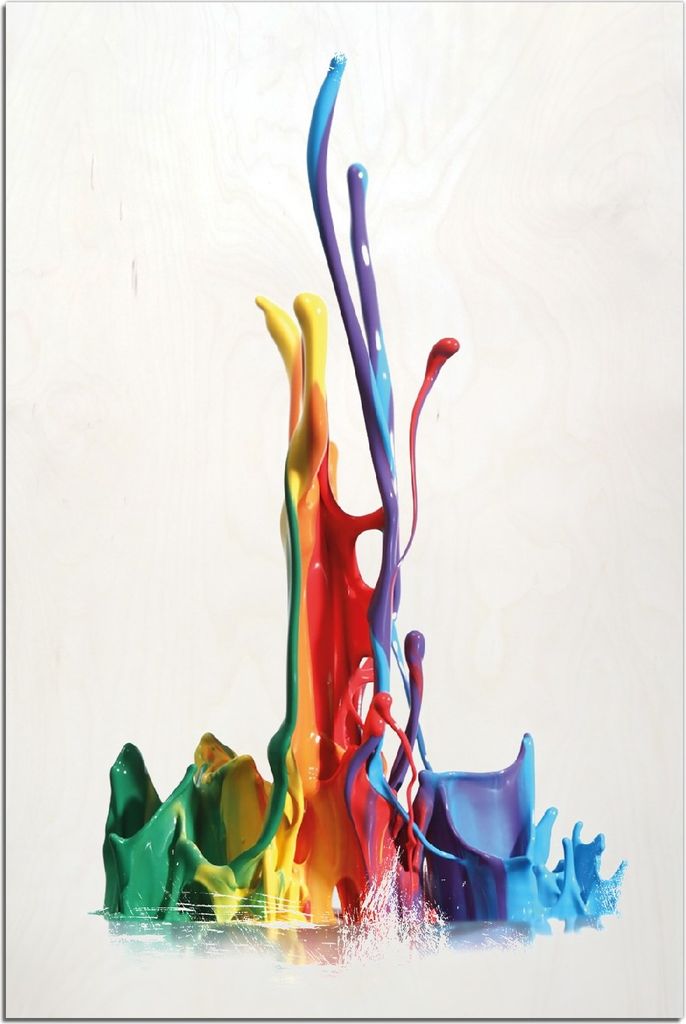 Kunstdrucke Wandbilder Holz in : Brillante Farben, Größe 60 x 90 cm Motiv Farbklecks von links - Bunte Farben auf Abwegen