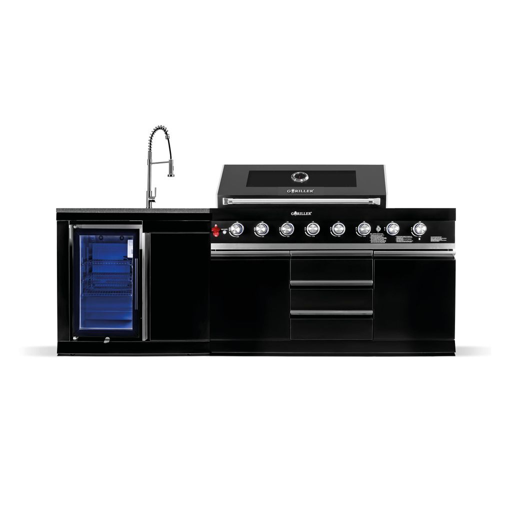 A black outdoor kitchen unit with a grill, sink, and refrigerator, presented on a white background.