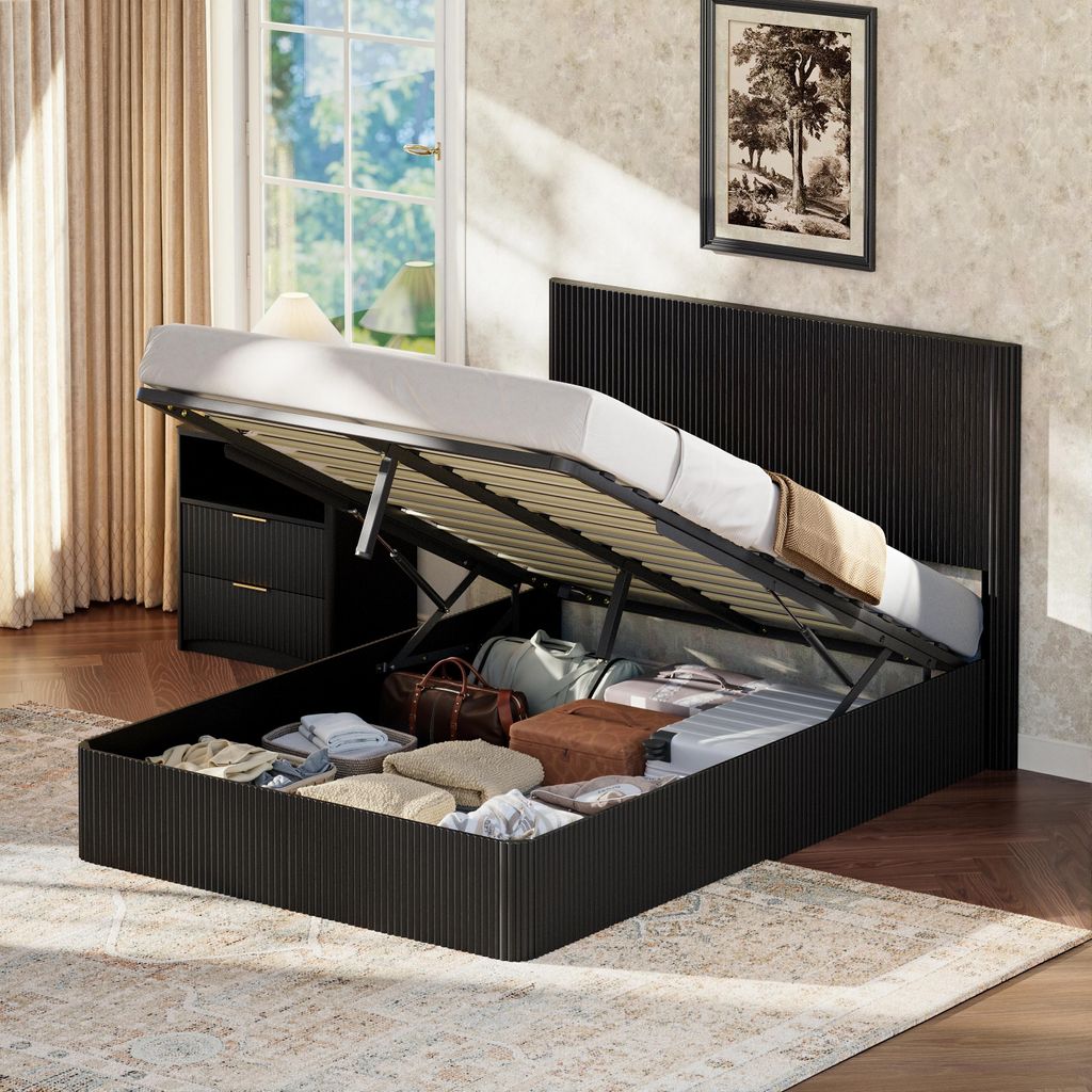 Bett 140x200 cm mit Rillenoptik & hydraulischem Lift – Stauraumbett in Schwarz, MDF+Metall, großzügiger Stauraum, Massivholz-Latten, 210x156x11...