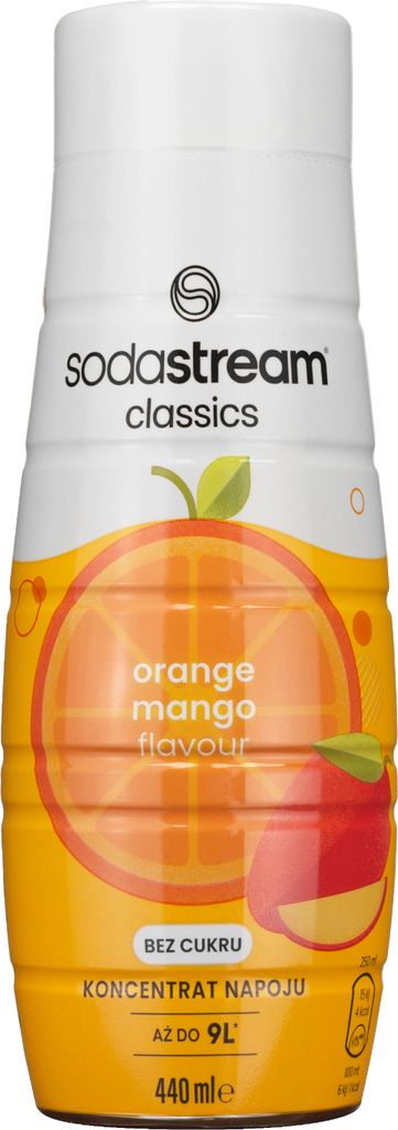 A bottle of SodaStream Orange-Mango flavor concentrate.