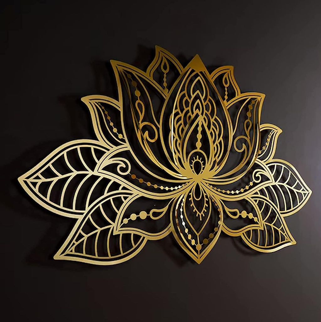 Wandmandala aus goldenem Metall mit Lotusblütenmotiv, 30 x 21 cm, spirituelle Dekoration für Yoga-, Schlafzimmer- oder Meditationsraum