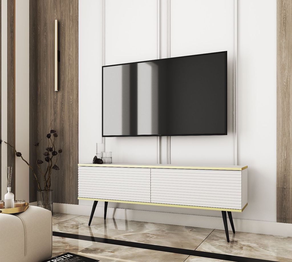 TV-Schrank ORO MDF 135 Weiß geriffelte Fronten + Gold mit Schwarze Füße TV-Lowboard Fernsehtisch