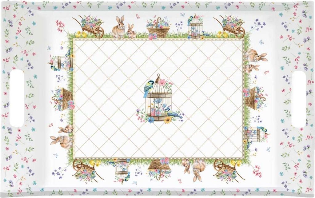Serviertablett SPRING BLOOM Hasen und Blumen mit Griffen 47x31cm Easy Life