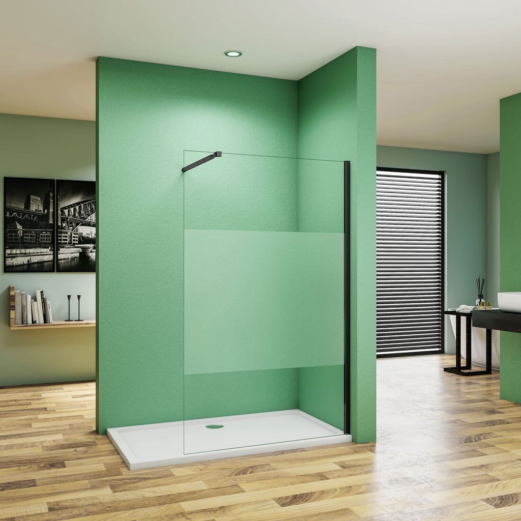 schwarz Walk in Duschwand 80x200cm Milchglasstreifen Duschabtrennung 10mm Nano ESG-Glas+73-120cm flexiblen Stange Duschkabinen
