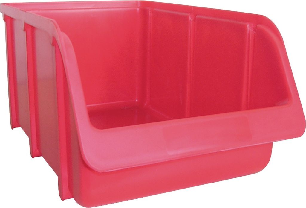 A red plastic storage bin is shown against a white background.