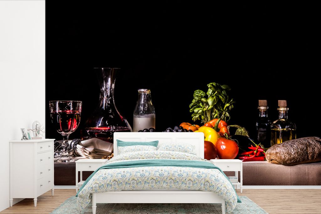 MuchoWow Fototapete für Wohnzimmer oder Schlafzimmer Wandtapete Vinyl Motivtapete Stilleben - Essen - Trinken - Obst - Schwarz - 450x300 cm - Ge...