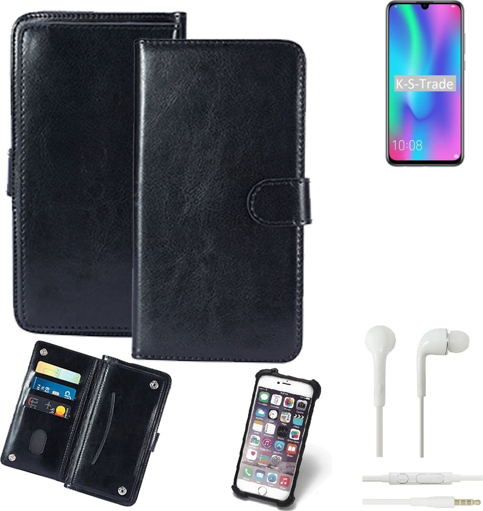 K-S-Trade 360° Hülle kompatibel mit Huawei Honor 10 Lite inkl. Headphones schwarz Kunstleder Case BookCase WalletCase Kunstlederederhülle