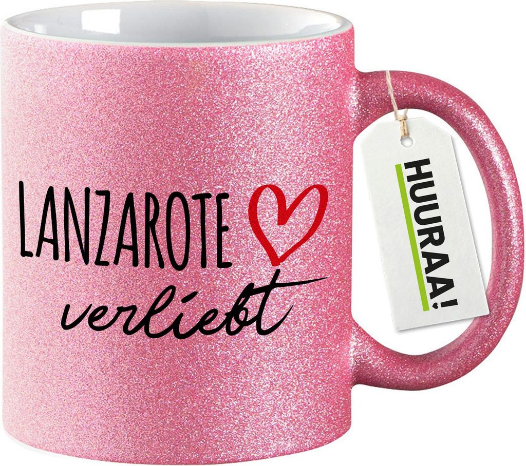Huuraa Glitzertasse Lanzarote verliebt 330ml Pink Keramik Kaffeebecher Geschenkidee