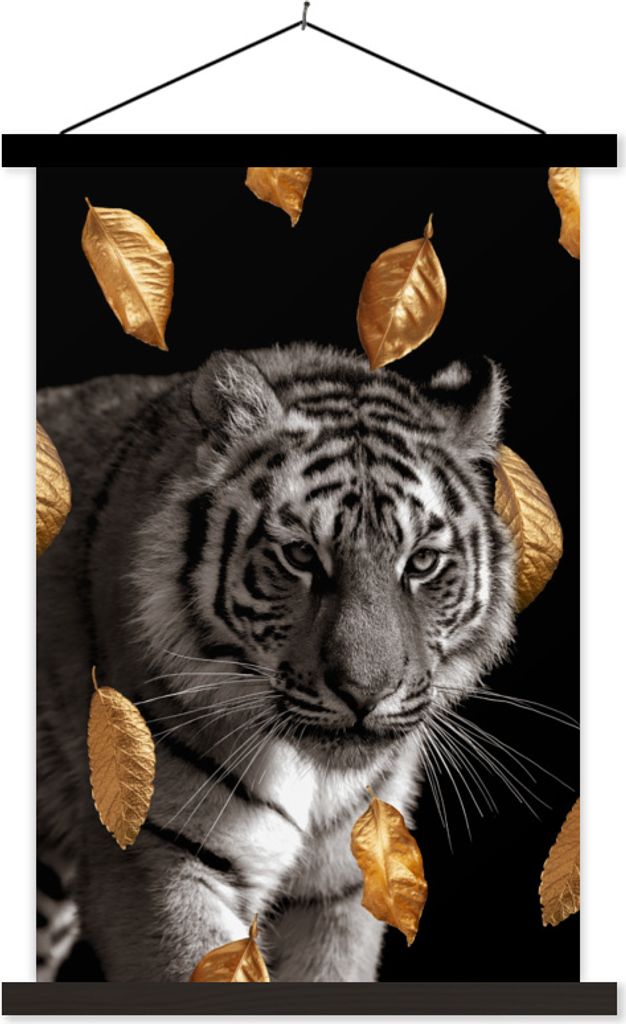 MuchoWow Textilposter Tiger - Golden - Blätter 40x60 cm mit schwarzem Rahmen - Wanddekorationen