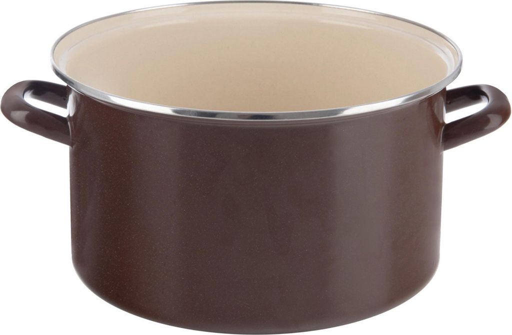 A brown enamel pot with cream interior and silver rim and handles, shown from a front-side angle against a white background.