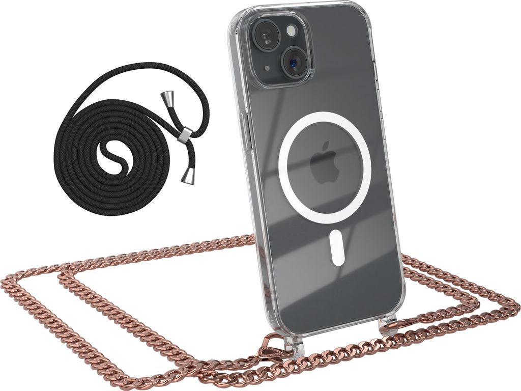 EAZY CASE Handykette kompatibel mit Apple iPhone 15, Kette zum Umhängen aus Metall, Silikonhülle mit Band, stoßfest, mit MagSafe in Gold