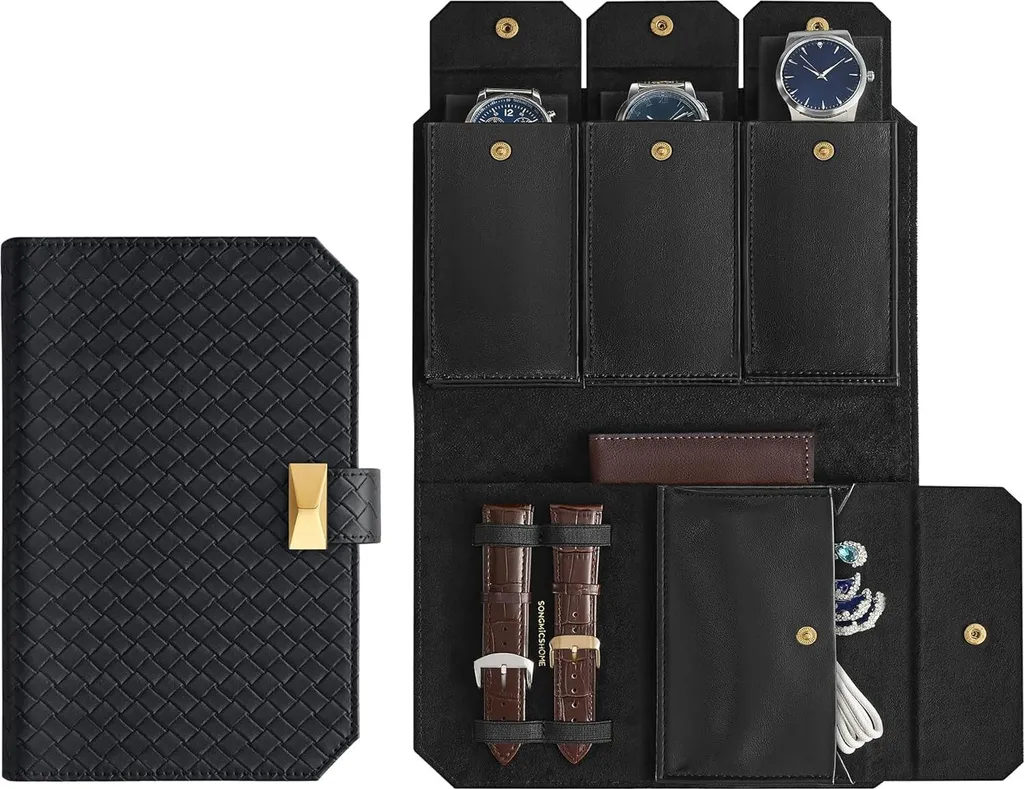 Étui pour 3 montres en cuir gaufré marron, boîte de voyage chic