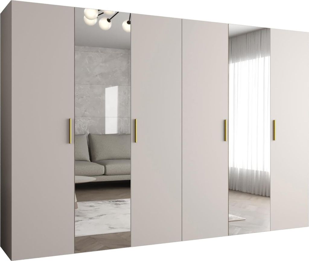 MEBLE KRYSPOL Schrank 300x202x52 cm mit Kleiderstange & Spiegel, 6xTür, BARI, Kaschmir, Griff Gold