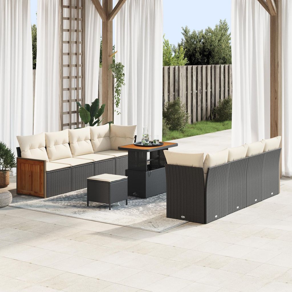 11-teiliges Garten Sofa Set mit Kissen Schwarz Poly Rattan Akazie, Design Gartensofas Neu