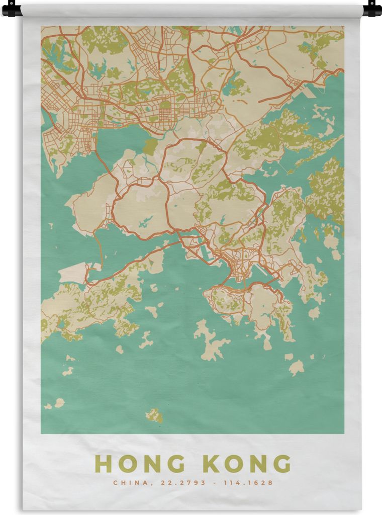 MuchoWow Wandteppich Wandbehang Karte - Hongkong - Stadtplan - Vintage - Karte 90x135 cm Tapisserie Dekoration Wandtuch - Baumwolle - Wandskulptur