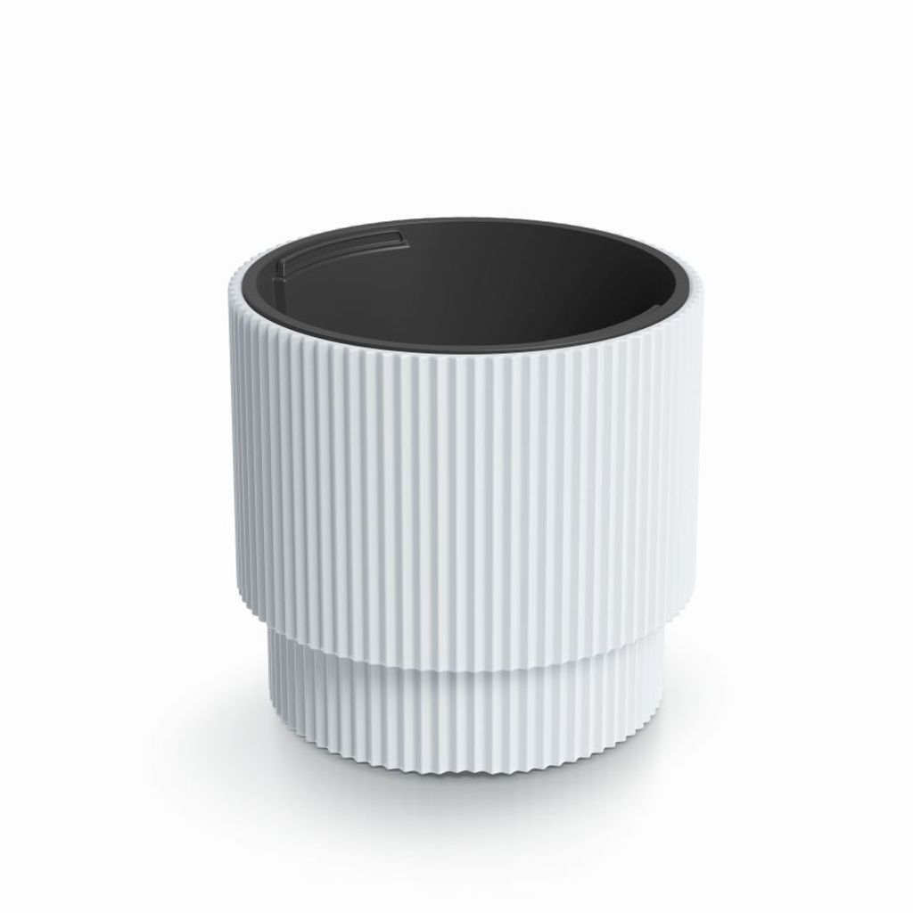 A white ribbed plastic planter with a black insert, shown on a white background.
