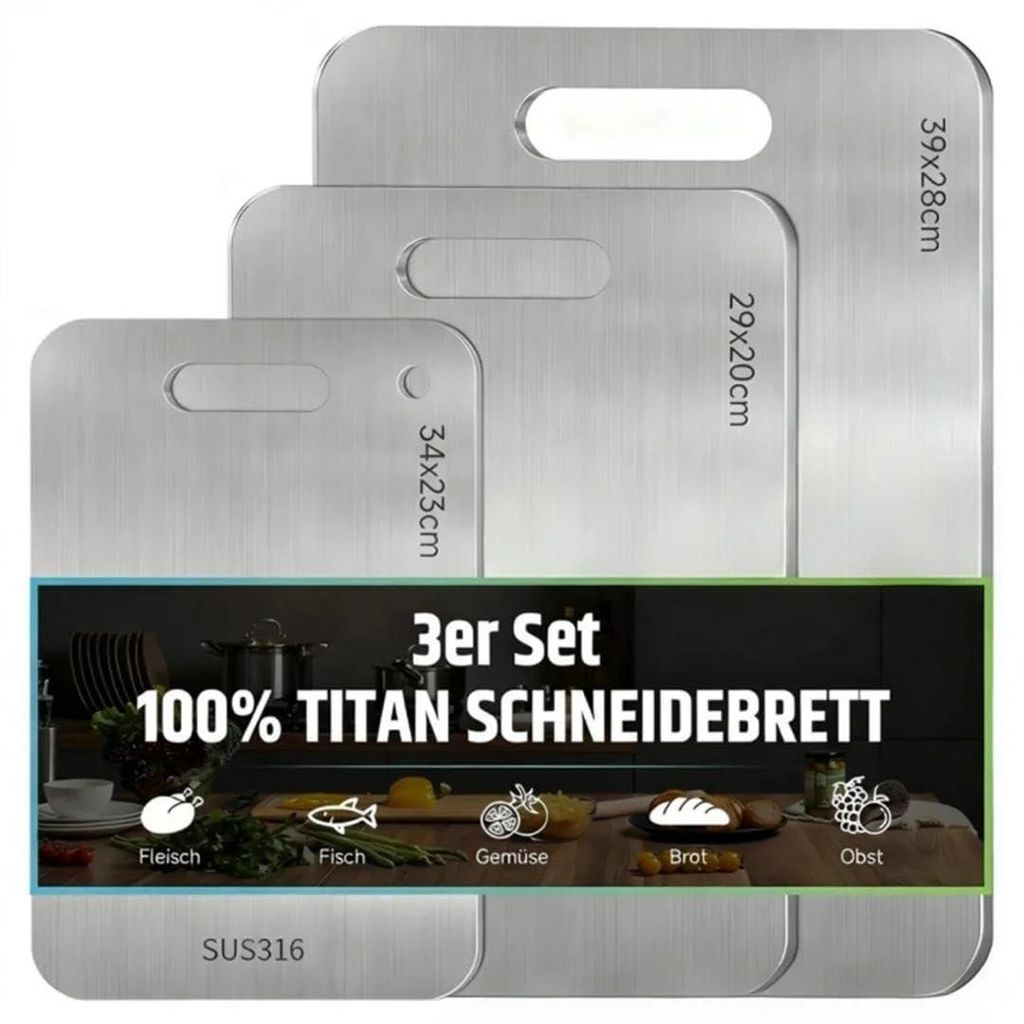 3-teiliges Schneidebrett-Set aus Titan S316 - Doppelseitige Schneidebretter aus Edelstahl, BPA-frei, für die Küche, für Fleisch, Gemüse und Obs...