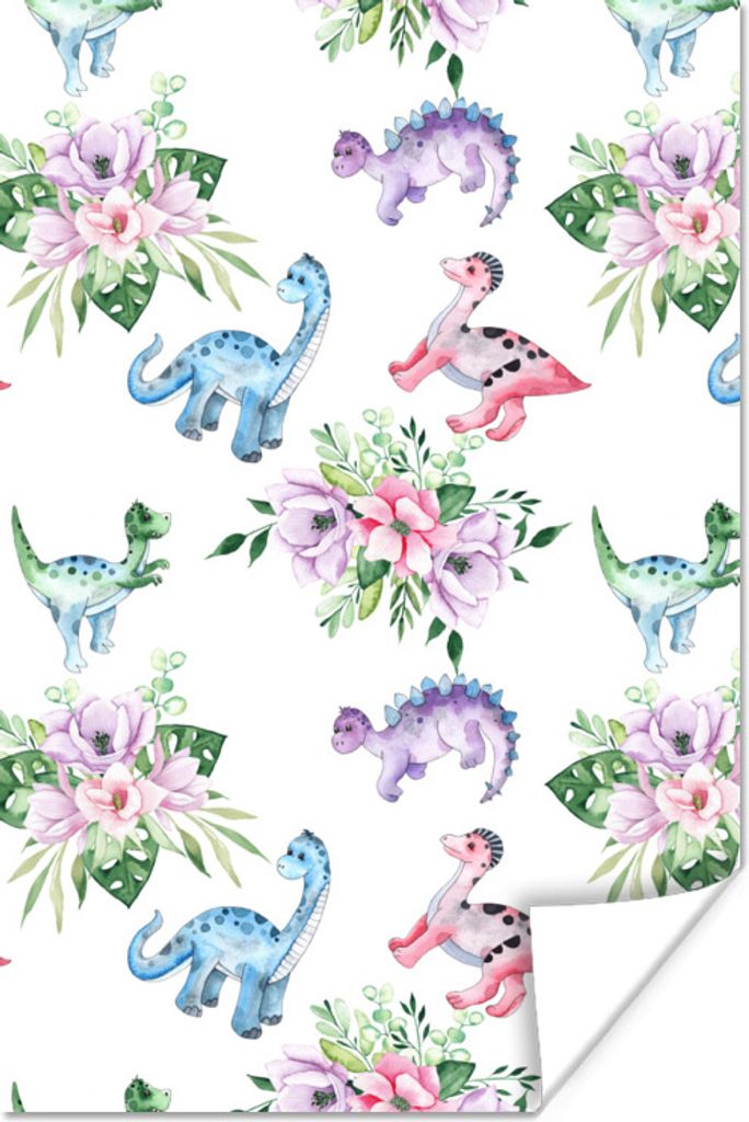 MuchoWow Poster Kinderzimmer - Farben - Dinosaurier - Kinder - Rosa - Kinder 40x60 cm - Plakate für die Wand - Poster Babyzimmer