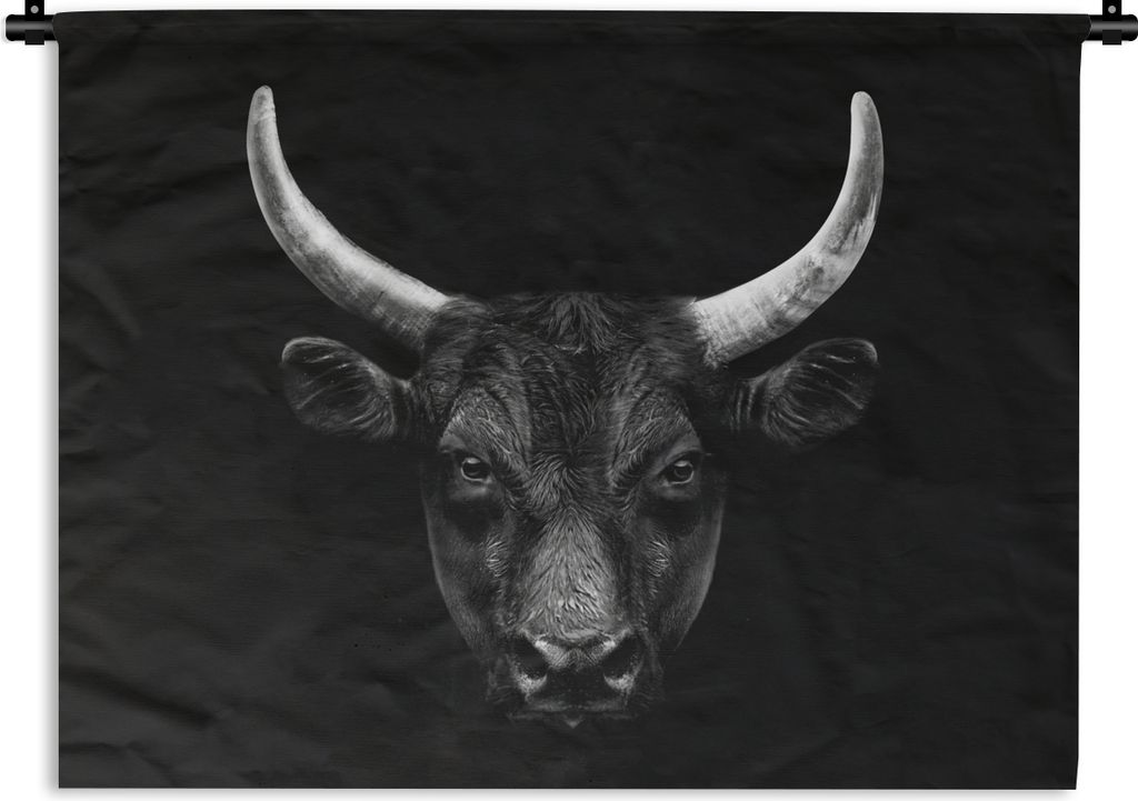 MuchoWow Wandteppich Wandbehang Tiere - Stier - Schwarz - Weiß - Porträt 90x67.5 cm Tapisserie Dekoration Wandtuch - Fototeppich - Wand-Skulpturen