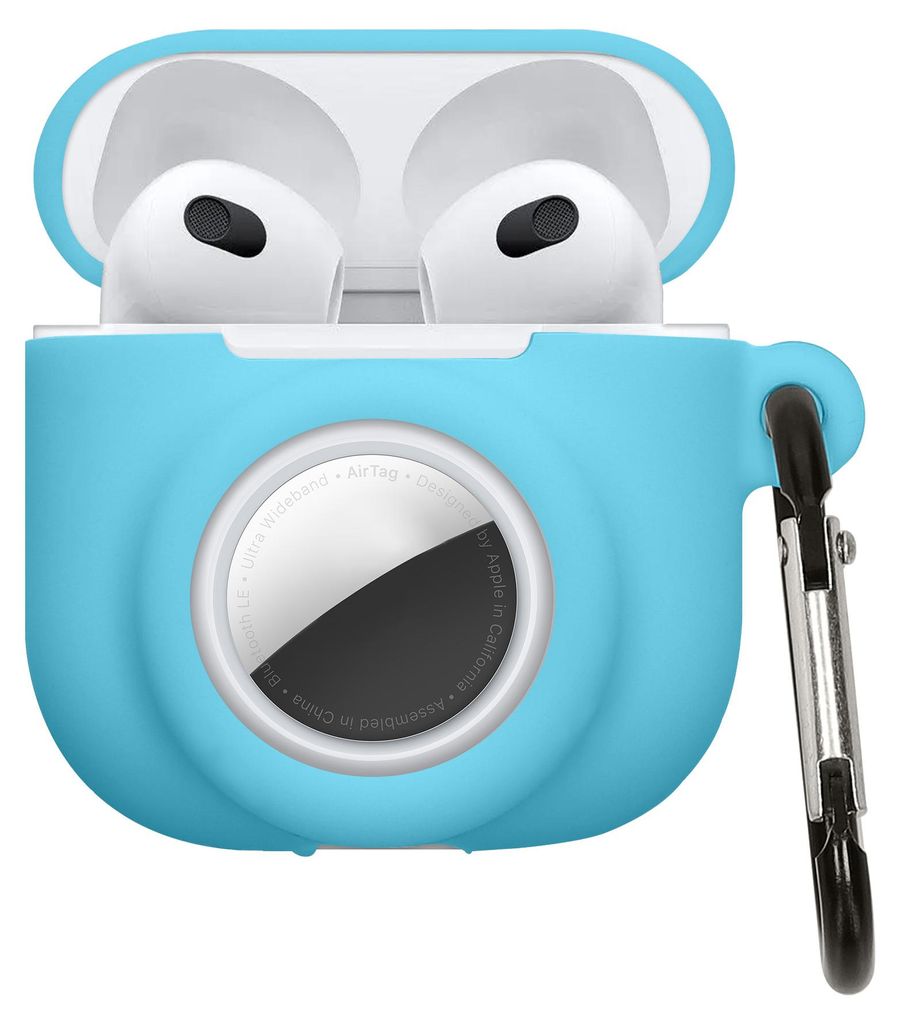 kwmobile 2-in1 Schutzhülle für Apple Airpods 4 Hülle - Kopfhörer Silicon Case kompatibel mit AirTag - stoßfestes Cover mit Karabiner - Hellblau