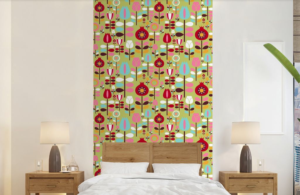 MuchoWow Fototapete für Wohnzimmer oder Schlafzimmer Wandtapete Vinyl Motivtapete Muster - Blumen - Farben - 120x240 cm - Hintergrundbild