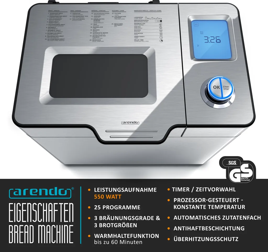 Arendo Bread Maker 1kg: 25 Funzioni Automatiche e Design Acciaio - 2