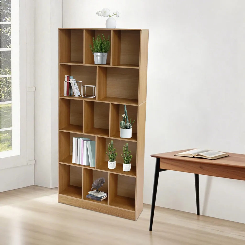 Bibliothèque chêne rustique 5 niveaux avec rangement 80x24x180cm