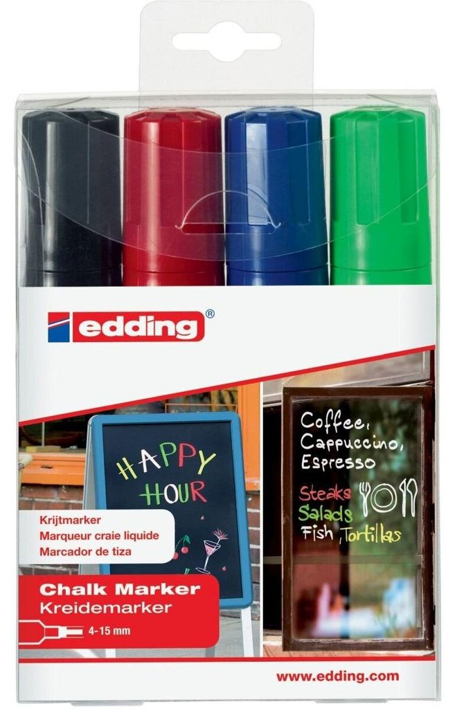 edding Kreidemarker 4090 4er Set - Standardfarben 4-15 mm Kreidestift für Tafeln, Fenster, Glas & Spiegel