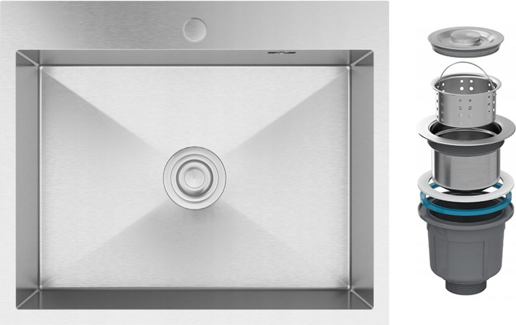 A top-down view of a stainless steel sink and a disassembled drain assembly.