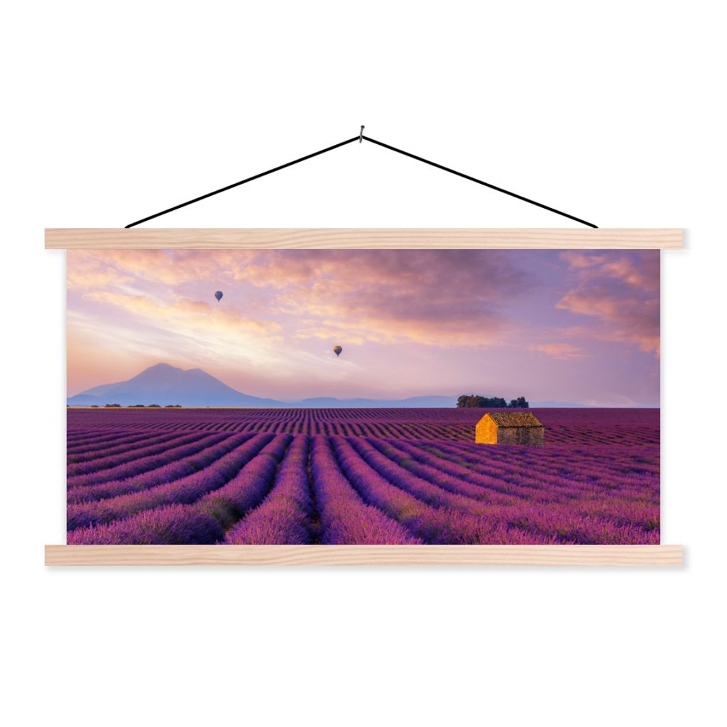 MuchoWow Textilposter Lavendel - Heißluftballon - Berg - Lila 120x60 cm mit holzfarbenen Rahmen - Klemmleiste