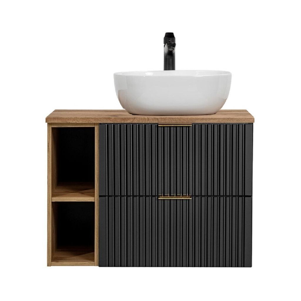 Badmöbel-Set Arbeitsplatte 80 cm Mit Aufsatzwaschbecken & Unterschrank 60 cm , Adel Black A BM137 - Schwarz Matt/Wotan Eiche