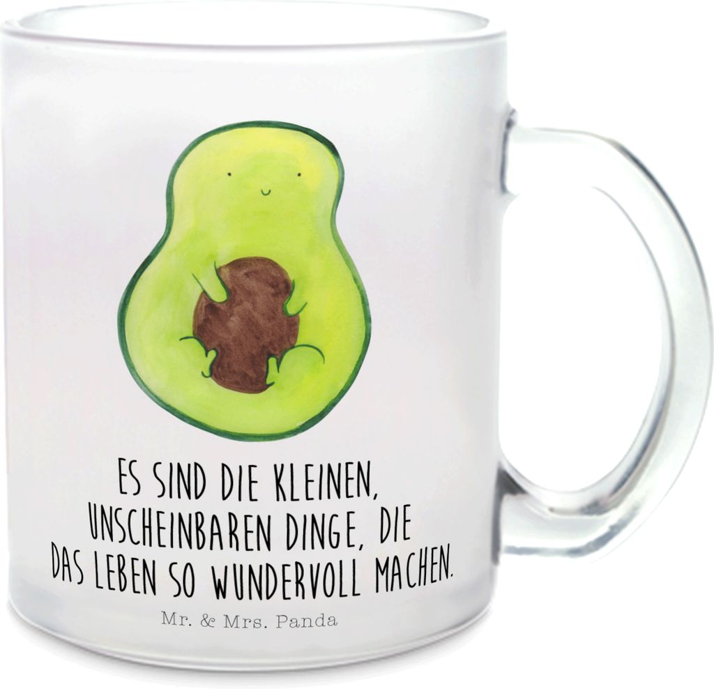 Mr. & Mrs. Panda Teeglas Avocado Kern - Transparent - Geschenk, Haferl, Baby, Liebe, Teetasse Glas, aus, Tee Tasse, Pott, Pflanze, Wunder